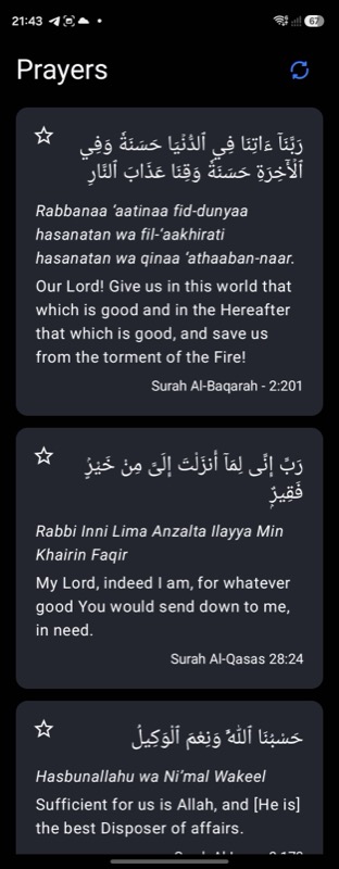 The Dua Widget app screen listing duas that can be starred as favorites
